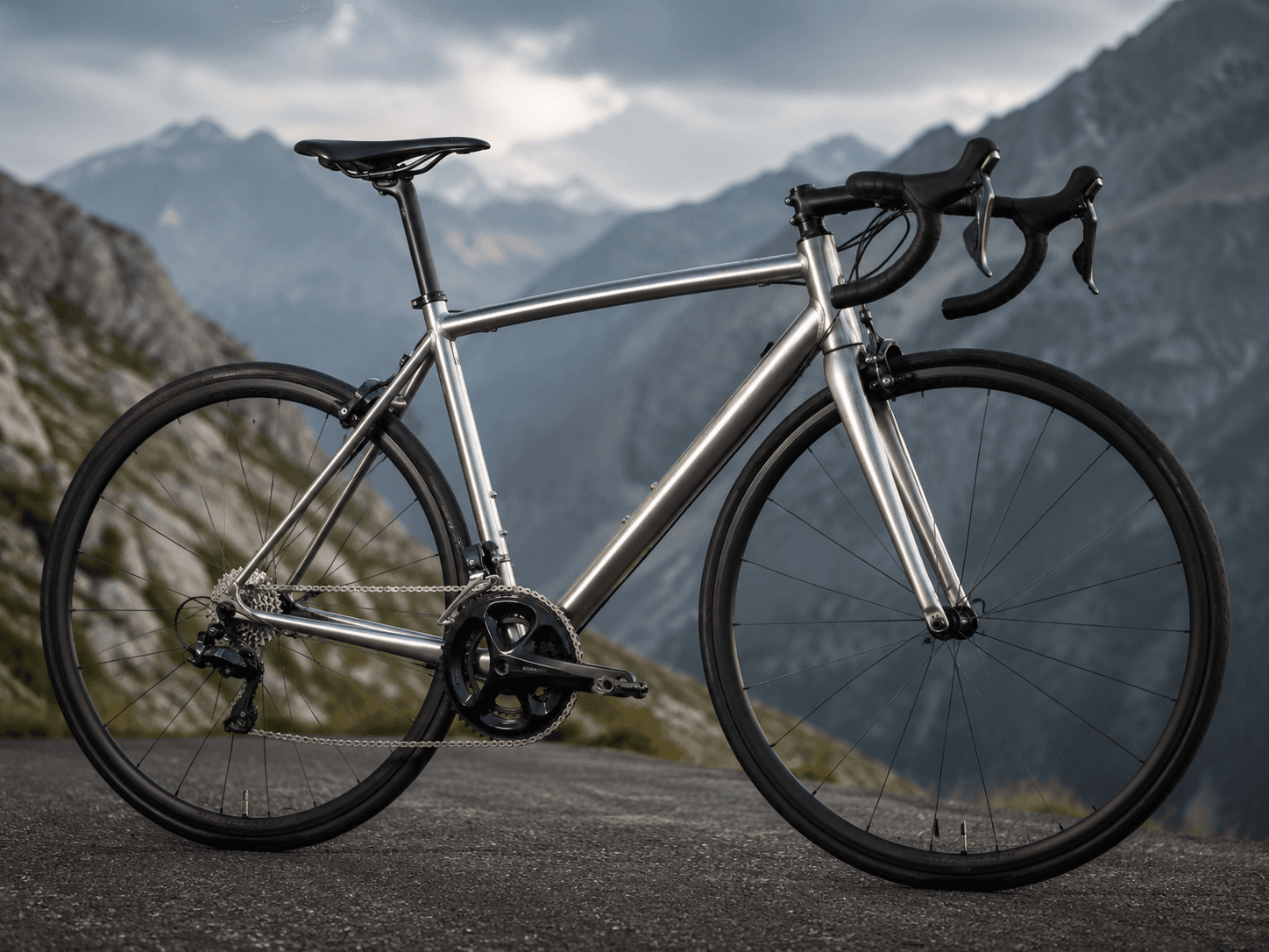 Metalen racefiets op een bergweg als budgetbewuste keuze